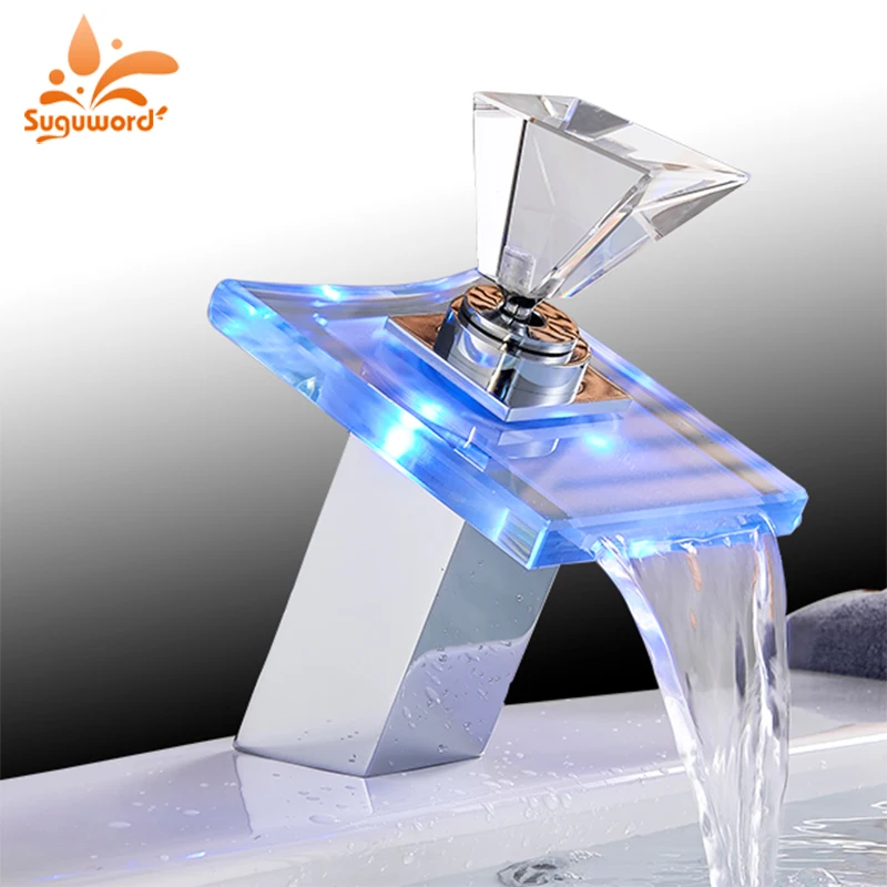 Bathroom  Waterfall Basin Faucet Glass Spout Chrome  Sink Mixer Tap---LED 