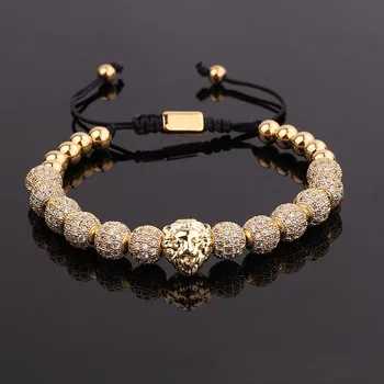 New Design Gold Luxury Men Bracelet CZ Pave Ball Lion Charm Braided  Macrame Bracelet Men Jewelry Gift