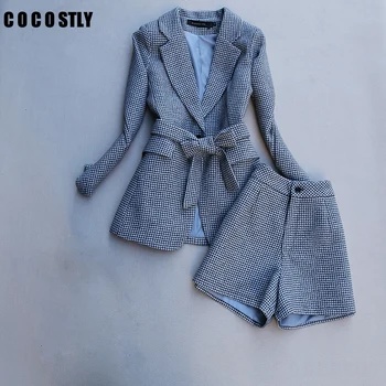 

autumn spring long sleeve jacket coat women outwears plaid tweed shorts suit women 2 pieces sets women suits clothes