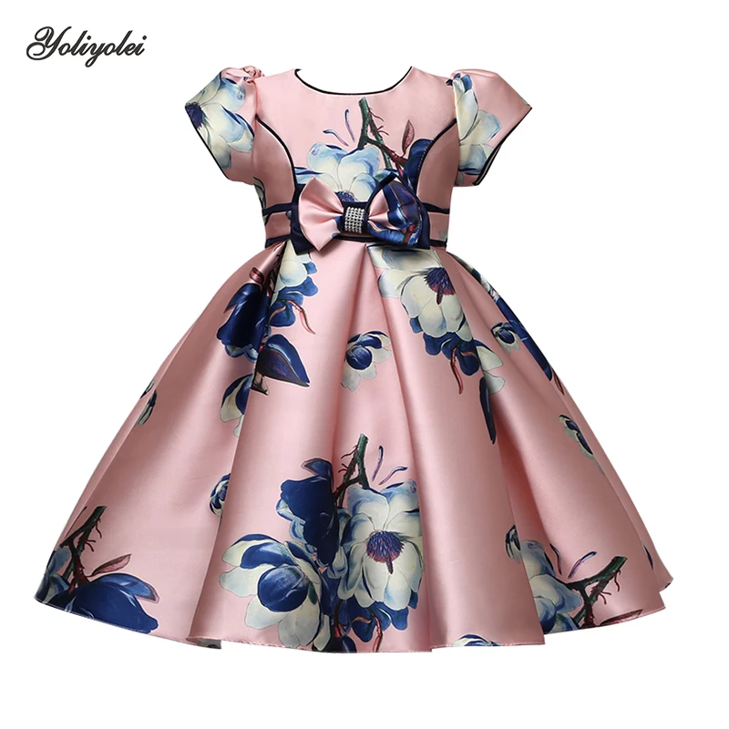 Yoliyolei Satin Aline Cute Dress Girls Birthday Floral Print Dresses Children Clothing Casual