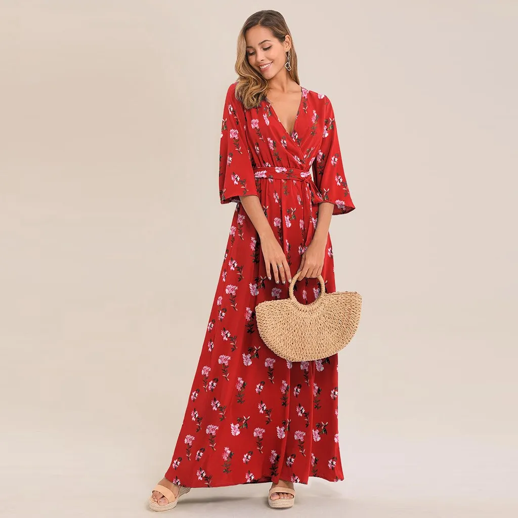 Feitong/женское платье Vestidos, модное, размера плюс, v-образный вырез, рукав три четверти, платье с принтом, Пляжное, длинное, макси платье, женское платье
