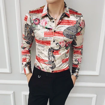 

Luxury gold velvet fabric men's shirt 2019 new winter men's leopard print long-sleeved shirt Slim Royal Baroque club party shirt