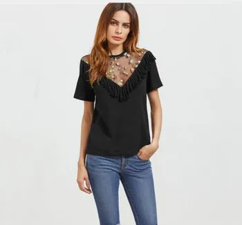 

Summer Short Sleeve T Shirt Women Round Neck Clothes T Shirt Cut Sew Embroidered Sexy Mesh Top T-shirt Large Size Women Clothing