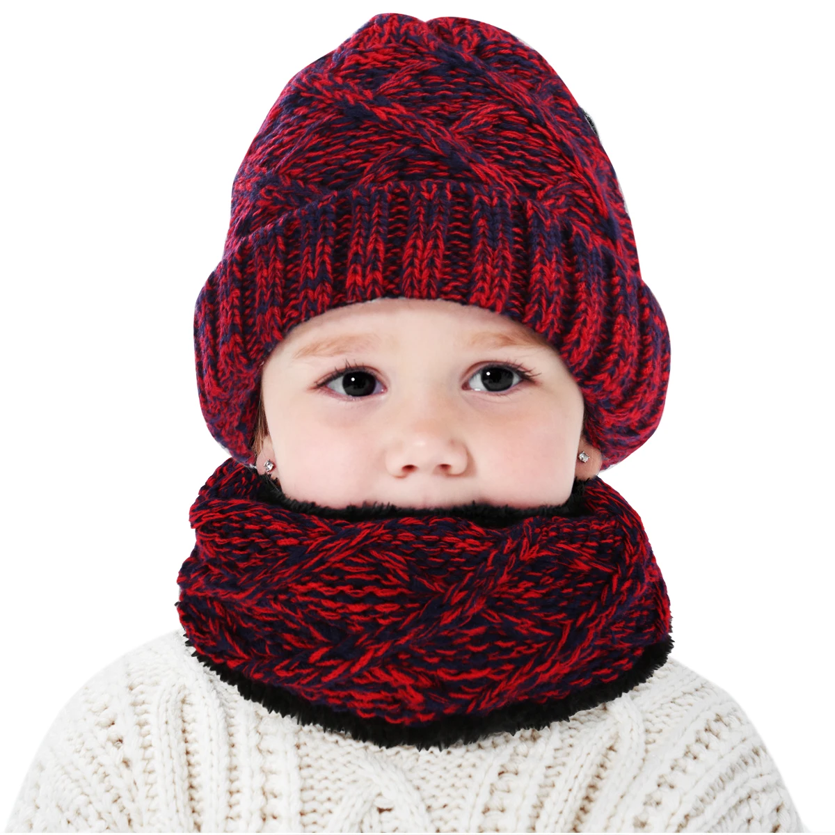 Комплект из 2 предметов, детский шарф-хомут для мальчиков и девочек, зимняя вязаная теплая шапка и теплый комплект с воротником - Цвет: Бордовый