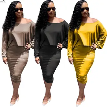 

Fashion 2 Piece Set Women Long Sleeve Knit Off Shoulder Tee Top Bodycon Midi Skirt Suit Sexy Clubwear Night Two Piece Skirt Set