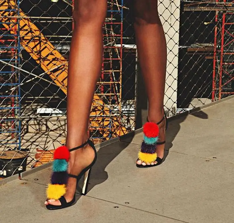 

Hot Selling Colorful Pom Pom Decor Women Sandals Cut-out Peep Toe Cut-out Strap Gladiator Sandals Shoes Sexy Party Dress Shoes