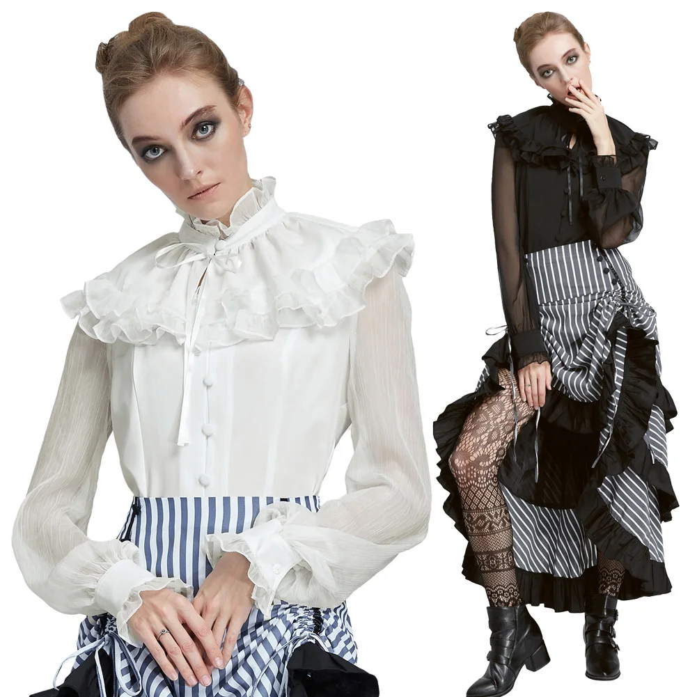 Готический Для женщин рубашка Винтаж Ренессанс с длинным рукавом и оборками на мыс оформлен в стиле ретро вечерние Клубные вечерние Панк