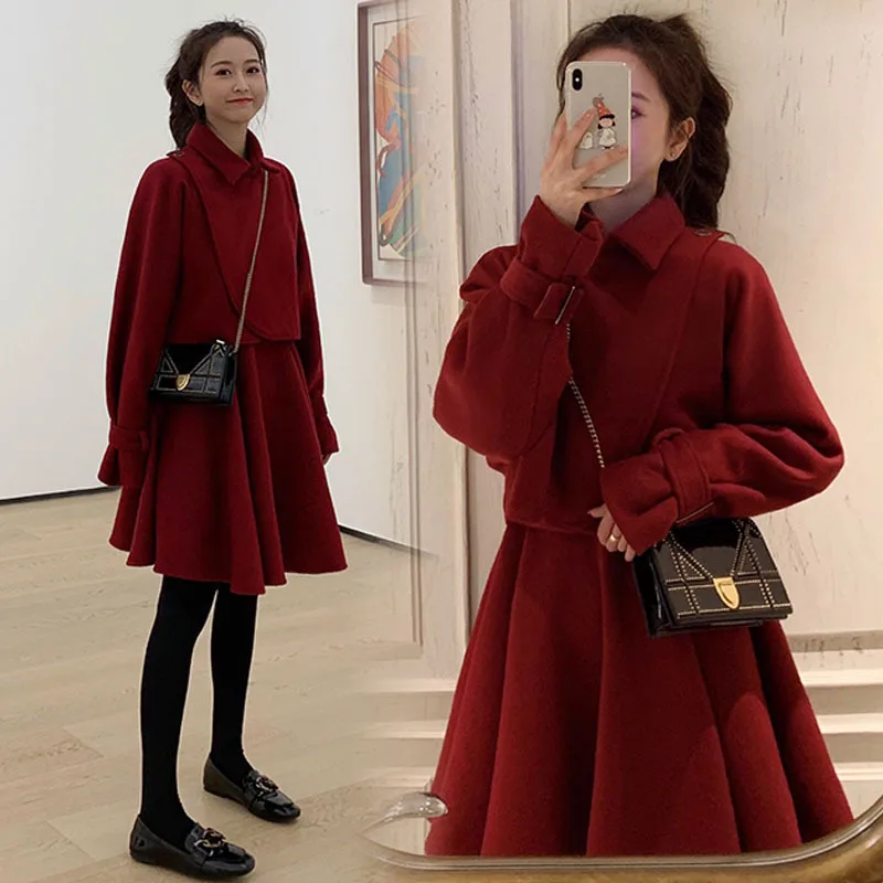 Корейский стиль 4XL Осень Зима Шерстяной комплект из двух предметов модные