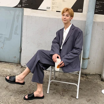 

Male Streetwear Japan Korea Style Loose Casual Suit Blazer Coat Trouser Mem Removable Sleeve 2 Pieces Suits Sets Jacket Pant