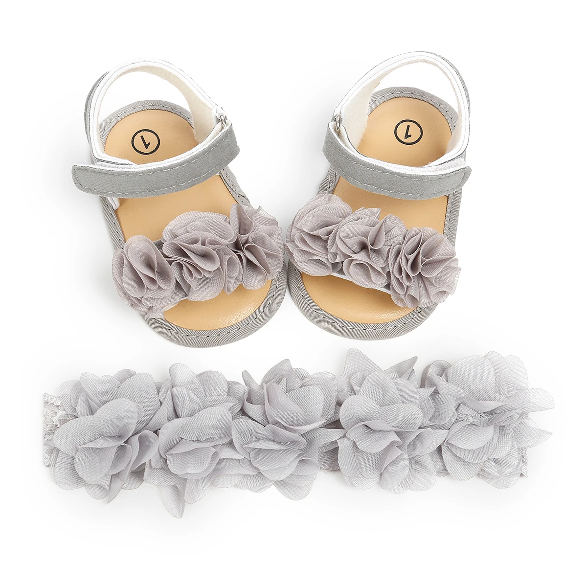 Популярная летняя обувь для маленьких девочек сандалии с цветами для новорожденных девочек повседневная обувь на мягкой подошве с крючком+ повязка на голову, комплект из 2 предметов - Цвет: Серый