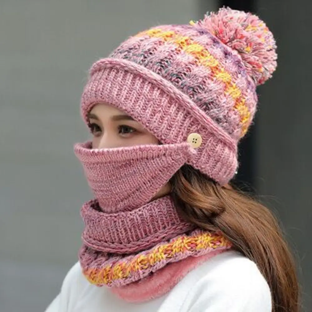 

Knitted Winter Warm Neck Warmer Stripe Snow Ski Cap Women Beanie Hat Scarf Mask Set