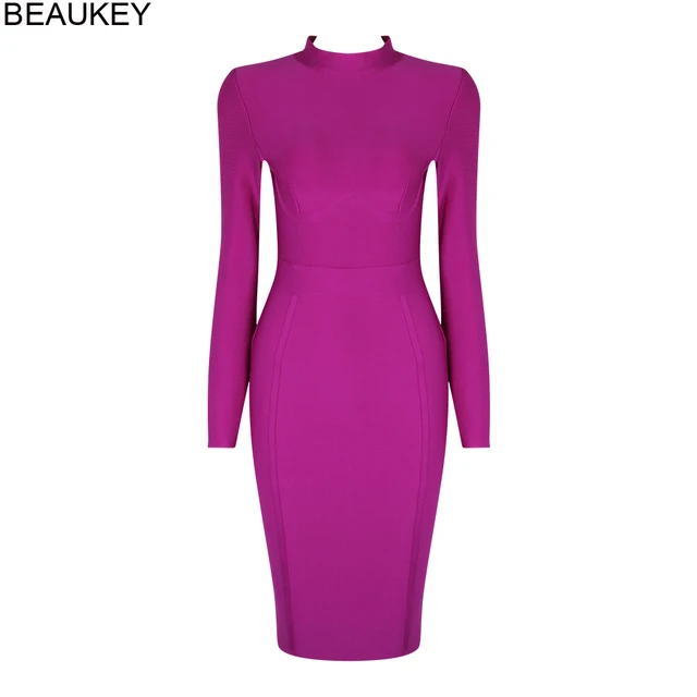 BEAUKEY Long Sleeve Knee Length Top Quality HL Bandage Dress Office Lady Bodycon Dress Color Black Wine Red Purple Plus Size XL 4