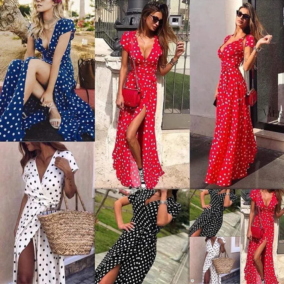 Sexy Deep V neck Short Sleeve Polka Dot Maxi Dress Women 2020 Summer Chiffon Boho Beach Plus Size Long Dresses Woman Femme Robe