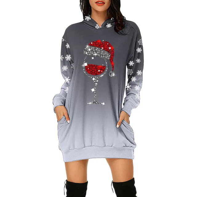 Multi Sizes Christmas Women Printed Round Neck Casual Dresses Hoodies Dress For New Year Clothing With Pockets Hooded Dress