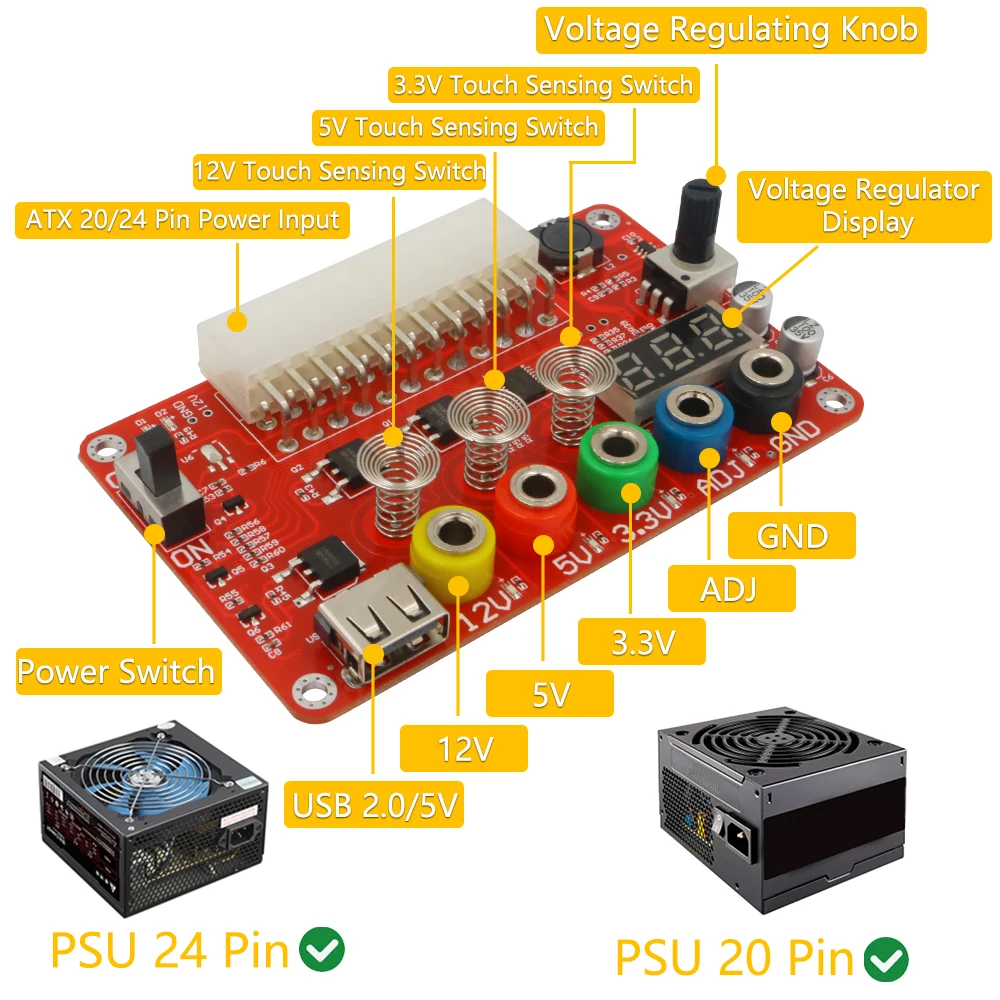 ATX Power Supply Breakout Board with ADJ Touch Sensor Switch, Acrylic Case Kit, Output Voltage Module (3.3V/5V/12V) Description Image.This Product Can Be Found With The Tag Names ATX Power Supply Module24Pin Power BoardTouch Sensor SwitchAcrylic Housing KitPower Supply Board