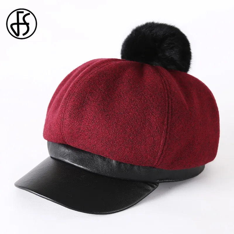 Wine Red FS женская теплая зимняя восьмиугольная шапка, Осенние береты, новая модная остроконечная Шапка черного, серого, винного, красного цвета, Artist Boina - Цвет: Wine Red