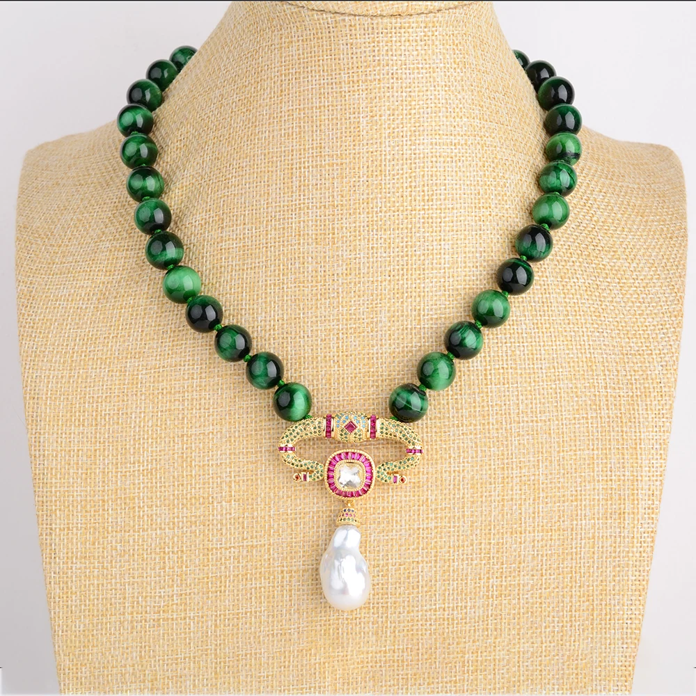 

Women's 18" 12mm Green Tiger Eye Necklace White Keshi Pearl Cz Pendant