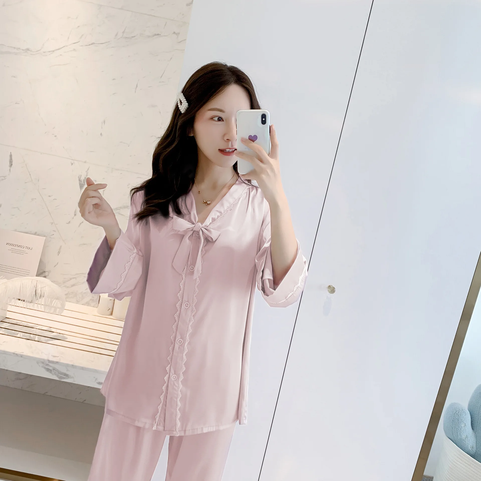 

Cute Shirt&Pants Soft Satin 2PCS Women Pajamas Set Loungewear 2021 New Sleepwear Pyjamas Casual Nightwear Intimate Lingerie