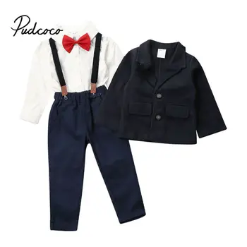 

1-7Y Newborn Baby Boy Christmas Party Gentleman Clothes Sets Striped Dress shirt Top+Bow-knot+Long Pants+Coat Outfits Formal Set