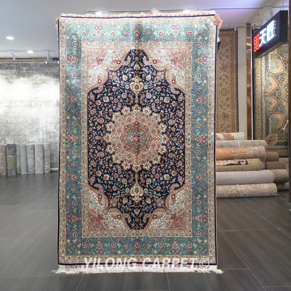 

Yilong 4'x6' Tabriz silk carpet dark blue vantage fine turkish silk rugs (ZQG543A)