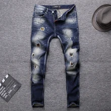 Итальянский стиль, модные мужские джинсы, облегающие, рваные, эластичные мужские джинсы, брюки в стиле панк, уличная одежда, винтажные дизайнерские джинсы в стиле хип-хоп