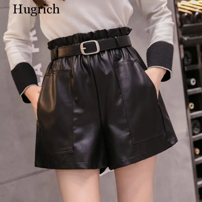 Elegant Leather Shorts Fashion High Waist Shorts Girls A-line  Bottoms Wide-legged Shorts Autumn Winter Women