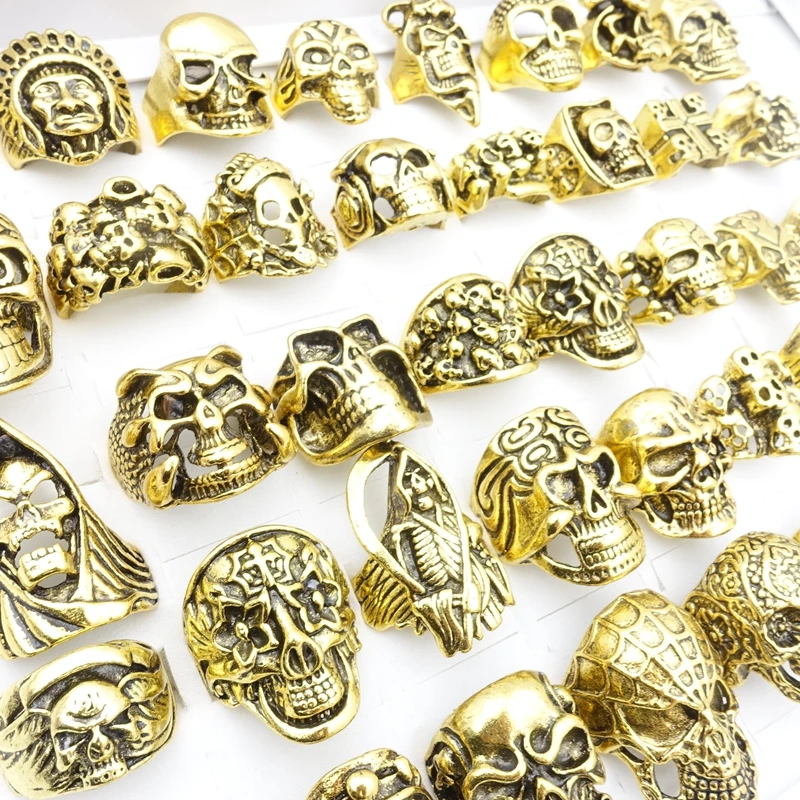 

MIXMAX 100pcs Mens Womens Skull Rings Gold Plated Skeleton Punk Style Jewelry Ring Wholesale Mixed Lot