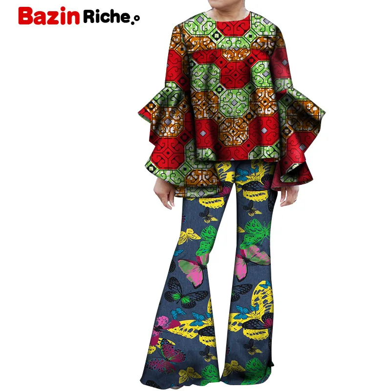Комплект из 2 предметов, Осенние африканские брюки, комплекты для женщин, Африканский воск, принт, длинный рукав-клеш, топы и брюки на