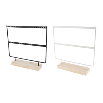 

2 Pieces Black White Iron Rack Jewelry Earring Organizer Stand with Wooden Base 44 Holes