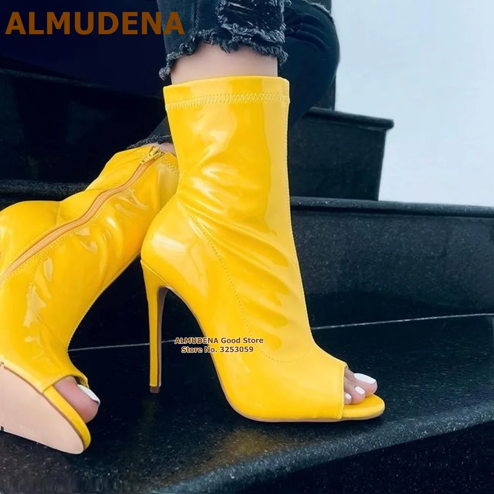 

ALMUDENA Yellow Pink Patent Leather Ankle Boots Thin High Heel Open Toe Zipped Dress Shoes Bright Mirror Leather Gladiator Pumps