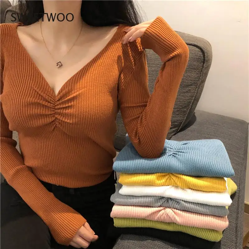 

Sexy V Neck Women Sweater Autumn Knitted Pullover Jumper Chic Soft Korean Slim Long Sleeve Female Basic Top New 2021