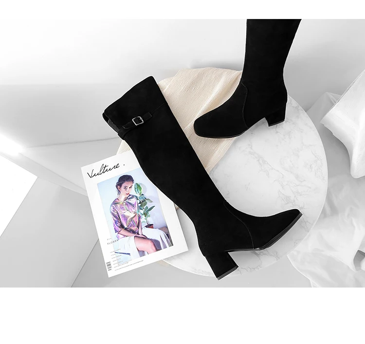 VALLU/Брендовая обувь женские высокие сапоги выше колена из нубука, на блочном каблуке, с пряжкой, ручной работы, женские узкие черные зимние сапоги