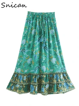 

Green floral print skirt women bohemian tassel long skirt summer fashion casual beach ladies long skirt faldas boho bottom 2020