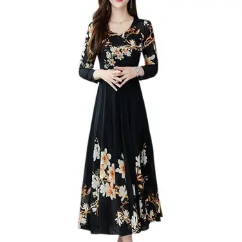 

Early Spring women printed long-sleeved O-neck dress retro waist A-line casual printed plus size dress