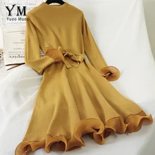 YuooMuoo Ins модное женское платье дизайн Бандажное элегантное вечернее платье хорошее качество вязаное желтое платье-свитер