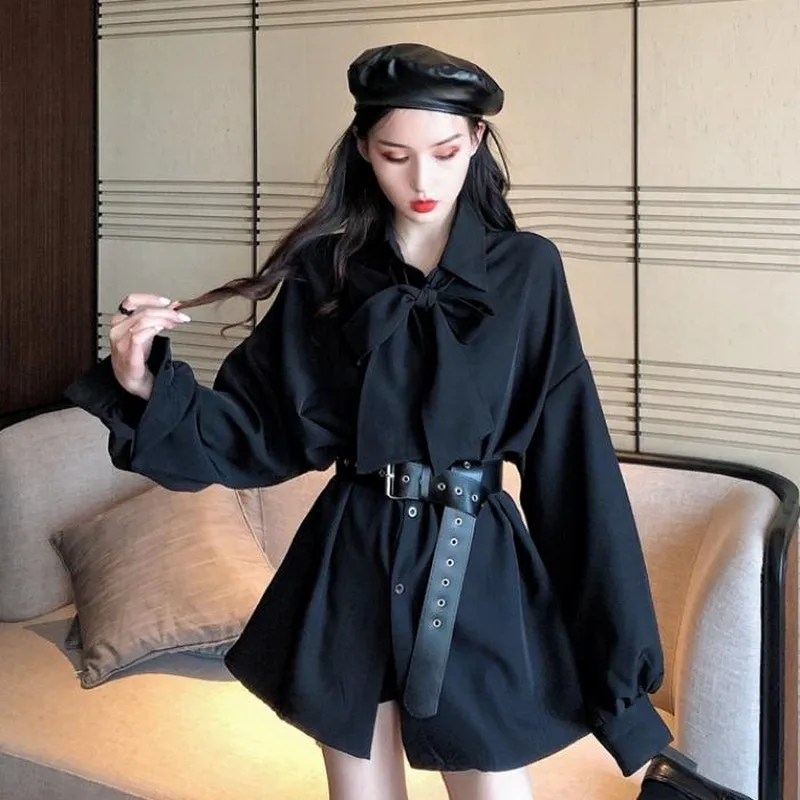 

NiceMix Korean-style Waist Hugging Slimming Bow Lantern Sleeve Loose-Fit Versitile Fashion Elegant Medium-length Shirt Dress