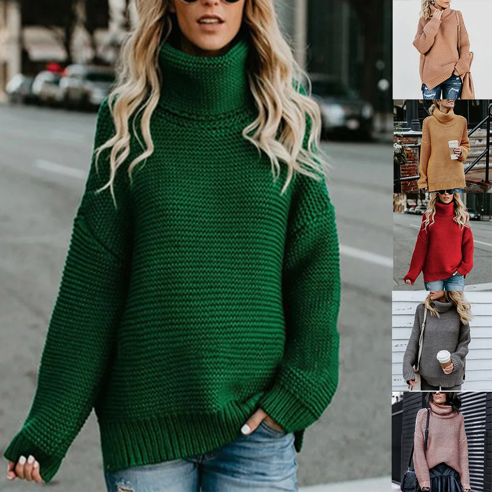 Женский винтажный свитер с высоким воротом, осенне-зимний Повседневный свободный однотонный вязаный пуловер, джемпер, толстые вязаные пуловеры, свитер