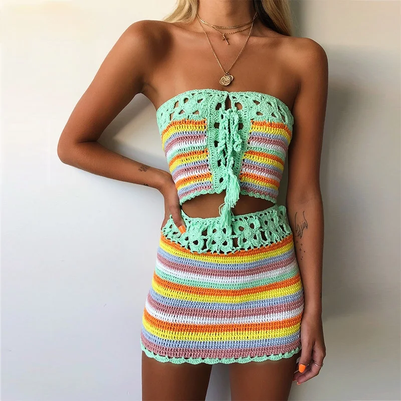 2021 Новое цветное Полосатое платье без бретелек вязанный крючком трубчатой формы