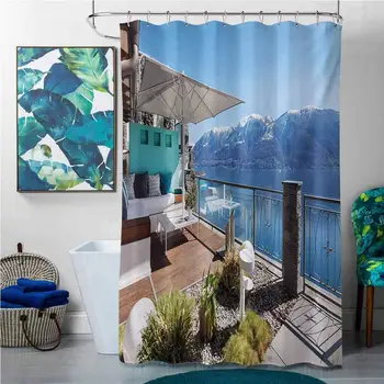 

Shower Curtains Butterflies Modern,Lake View with Snowy Peak Mountain and Ocean Seascape Balcony House Image,Sky Blue and