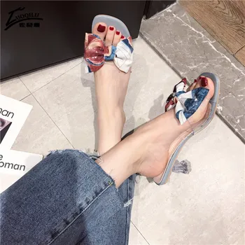 

Luxury Bow Summer Shoes Woman High Heels Slippers Transparent Peep Toe Heels Mules Lady Pumps Slides Shoes 2020