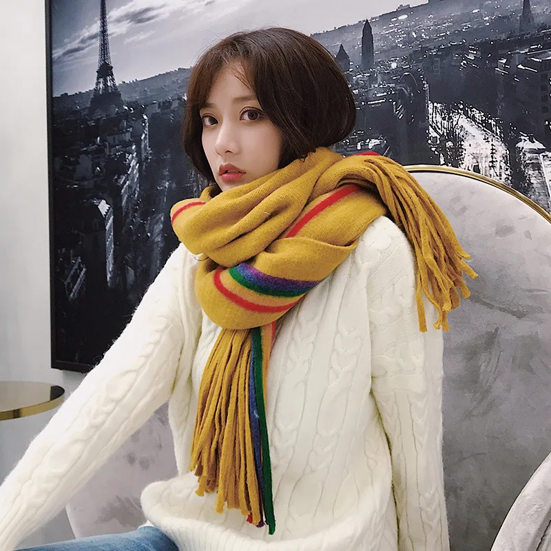

Scarves female autumn and winter stripes couples imitation cashmere rainbow strips warm drop ball men and women knitted shawls