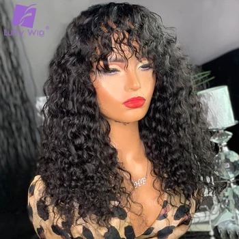 

Glueless Short Curly Human Hair Wigs With Full Bangs Brazilian Remy Machine Made Scalp Top Wig Natural Color luffywig