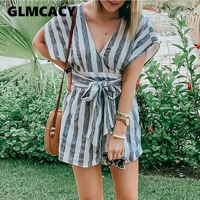 Для женщин Глубокий V средства ухода за кожей Шеи Полосатый пляжный костюм с короткими рукавами пояс с запахом повседневное тенденции моды