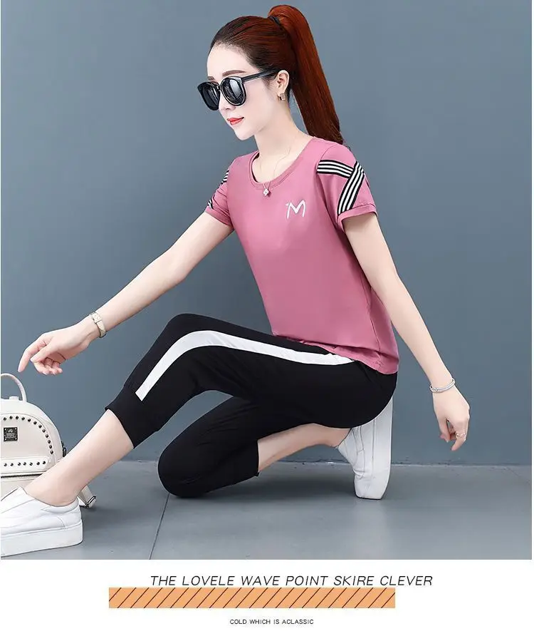 Summer 2022 New Sports Suit Loose Korean Version Short Sleeved Casual Large Size Student Fashion Two Piece Set Women matching top and trousers set