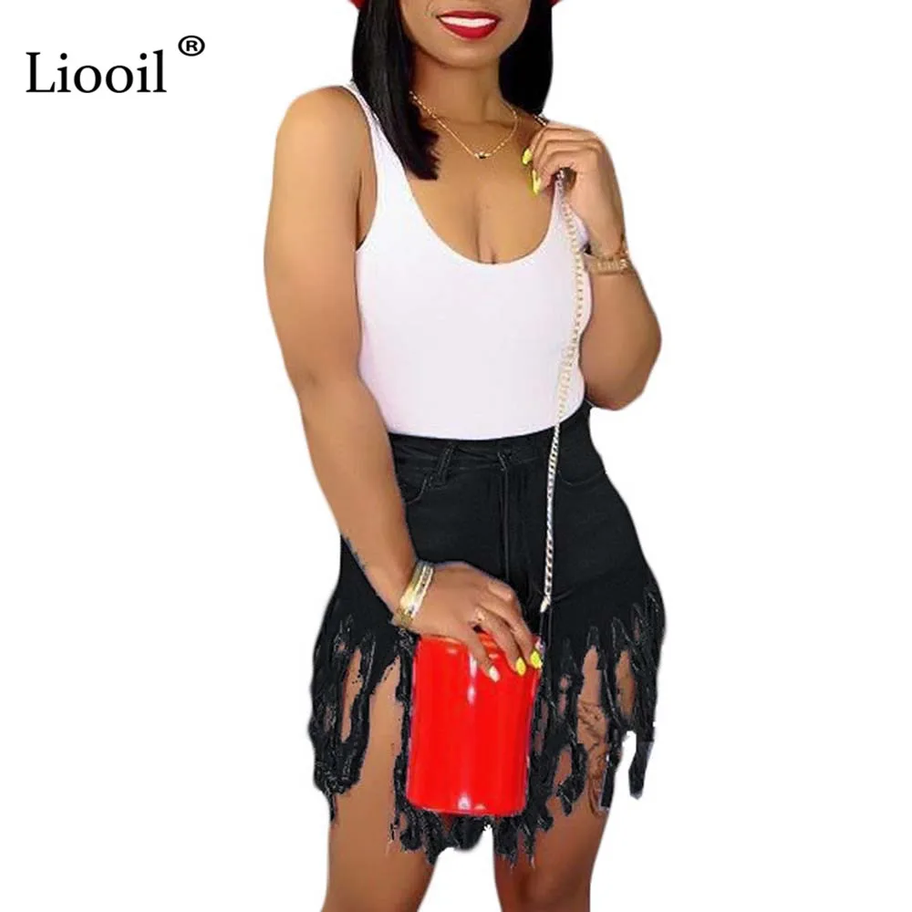 Black(Not Denim) Liooil неоновые джинсовые шорты с кисточками женские летние эластичные с высокой талией хлопковые сексуальные Rave джинсовые шорты короткого размера плюс байкерские джинсовые шорты - Цвет: Black(Not Denim)