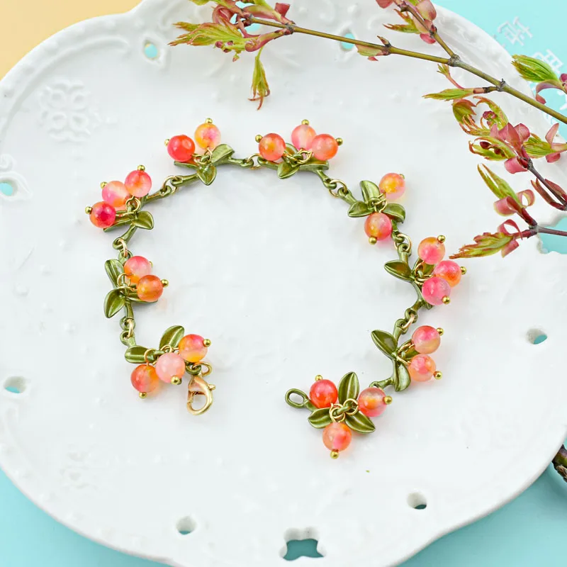 Women Bracelet Jewelry Vintage Beads Berry Blueberry Leaves Bracelet Bangles
