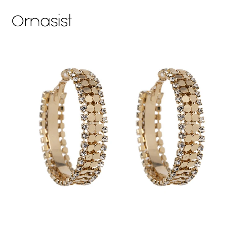 

Gold Silver Hoop Earring For Women Personality Punk Hyperbole Sequins Flash Rhinestone Big Circle Trend Earrings Female