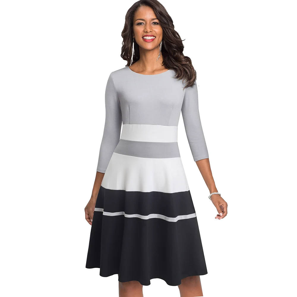 Хорошее-forever ретро элегантное контрастное цветное лоскутное vestidos деловые вечерние расклешенные трапециевидные женские зимние платья A173 - Цвет: Серый