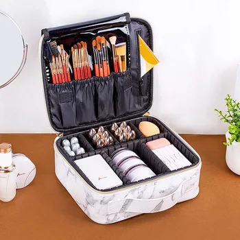 

New Female Fashion Professional Makeup Suitcase For Cosmetics Case Marble Women Big Cosmetic Bag Leather For Manicure Brush Case