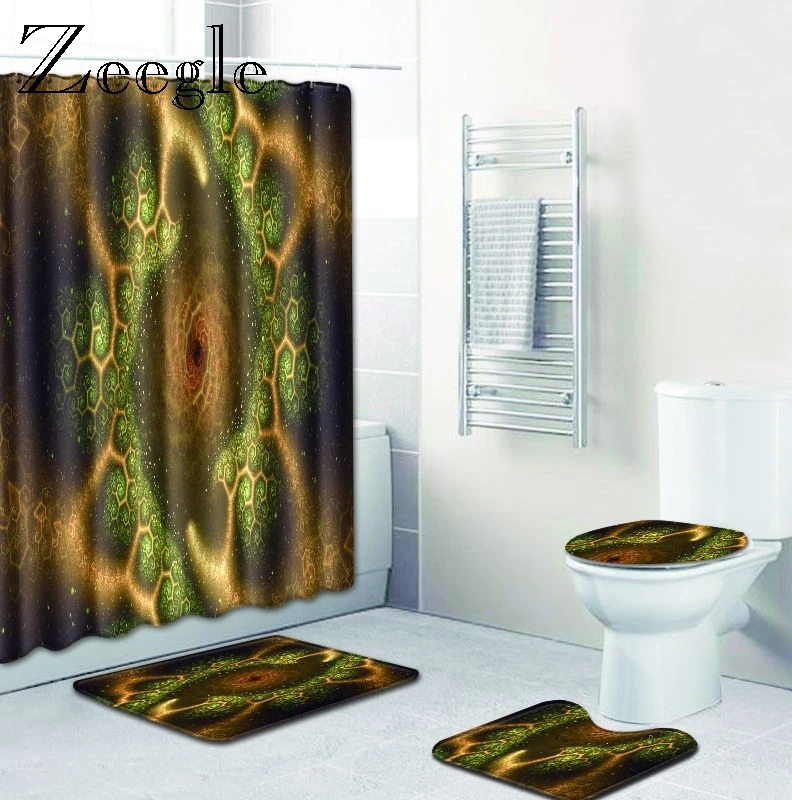 Zeegle Bath Mat with Shower Curtain Set Toilet Cover Mat Anti-slip Bathroom Doormat Foot Mat Toilet Pedestal Rug Bath Mat Set
